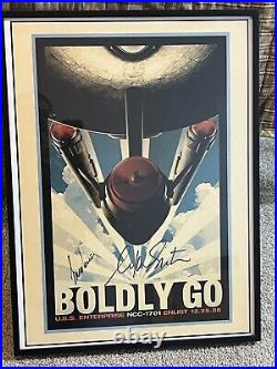 Retro-Style Framed Star Trek 2009 Movie Poster BOLDLY GO Signed SHATNER & NIMOY