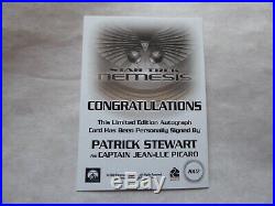 STAR TREK NEMESIS PATRICK STEWART AUTOGRAPH CARD NA12 Captain Picard 2002 movie